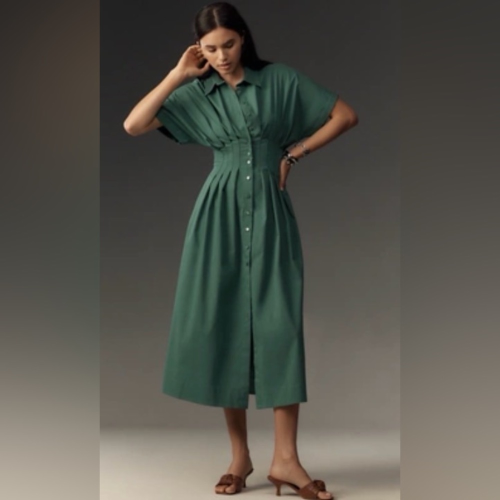 Anthropologie Teal Button-Down Midi Dress